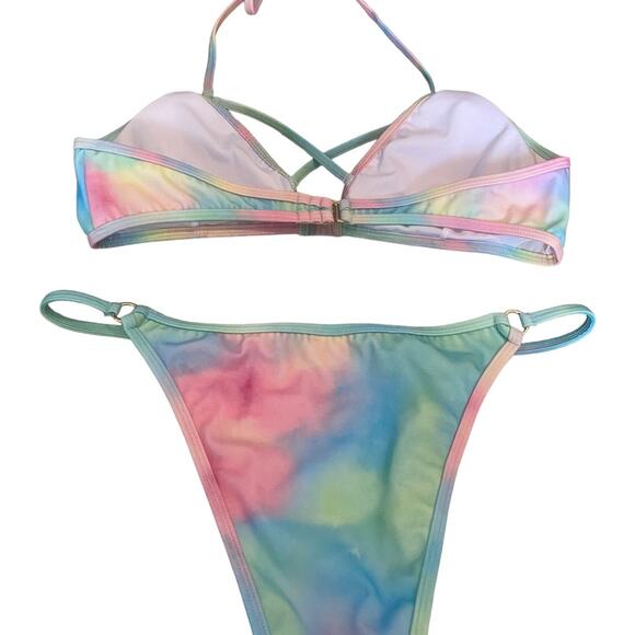 Plumeria Tye Dye 2 pc Bikini Pastel Blues Pinks Size Large Halter String Top NEW - Picture 11 of 14